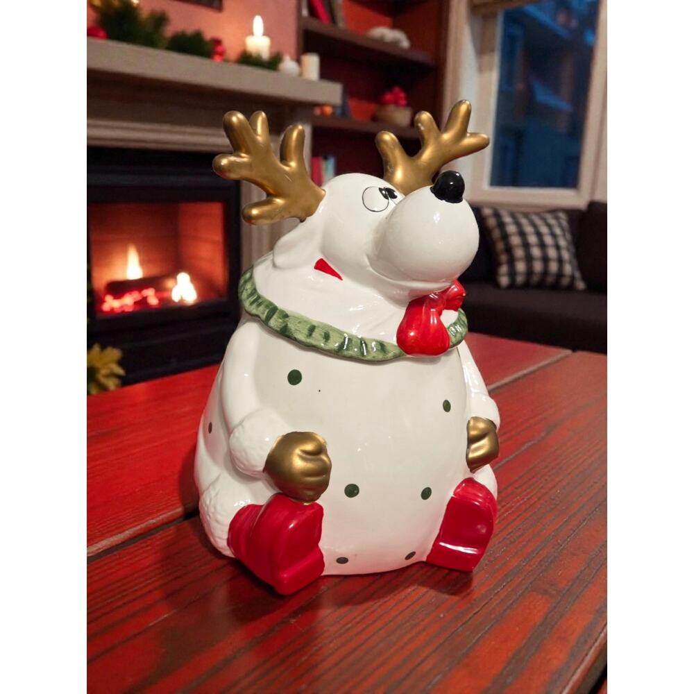Reindeer Cookie Jar Great Condition Ceramic Handpainted 9.5" Tall - Picture 3 of 6